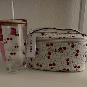 Guess Cherry Patterned Cosmetic Bag and Tumbler